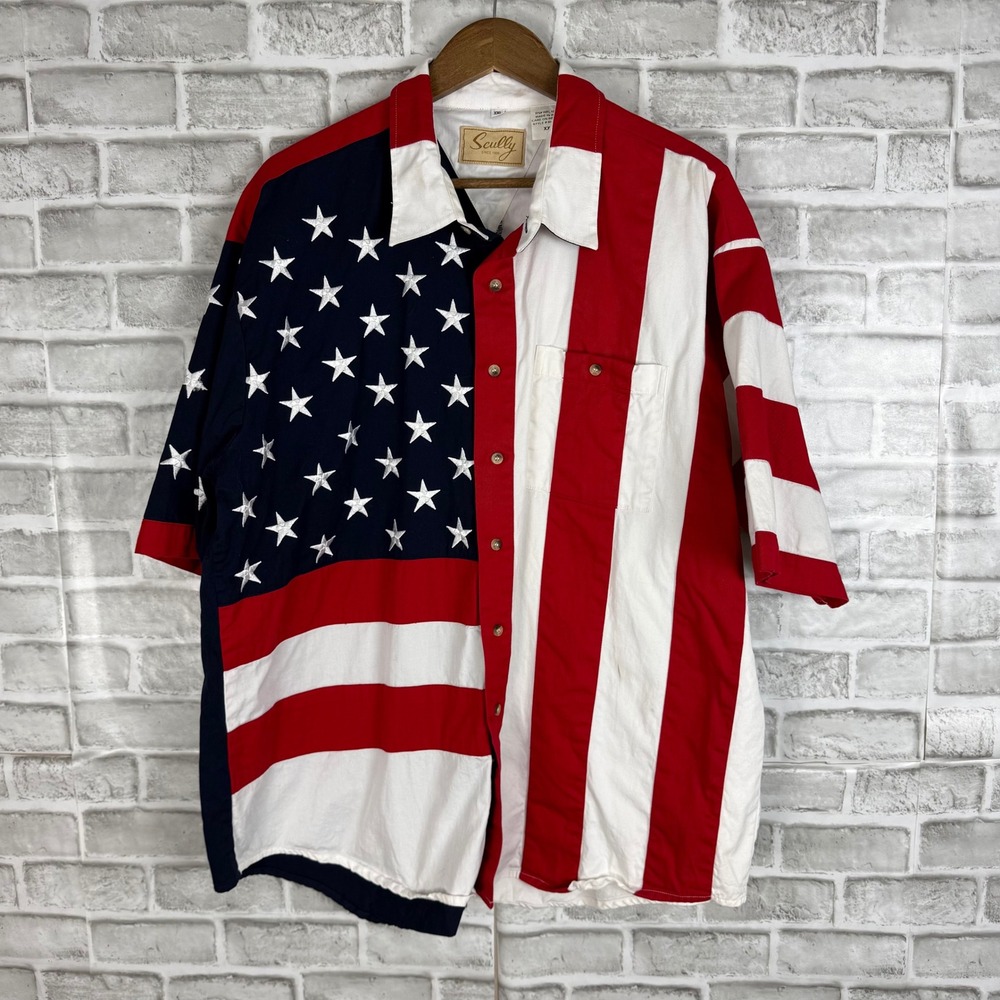 Scully Mens American Flag Embroider Western Shirt XXL Short Sleeve Stars Stripes